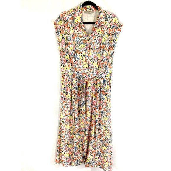 LOFT Dresses & Skirts - Loft Womens Colorful Fit & Flare Midi Shirt Dress Peasant Floral Button Front 14